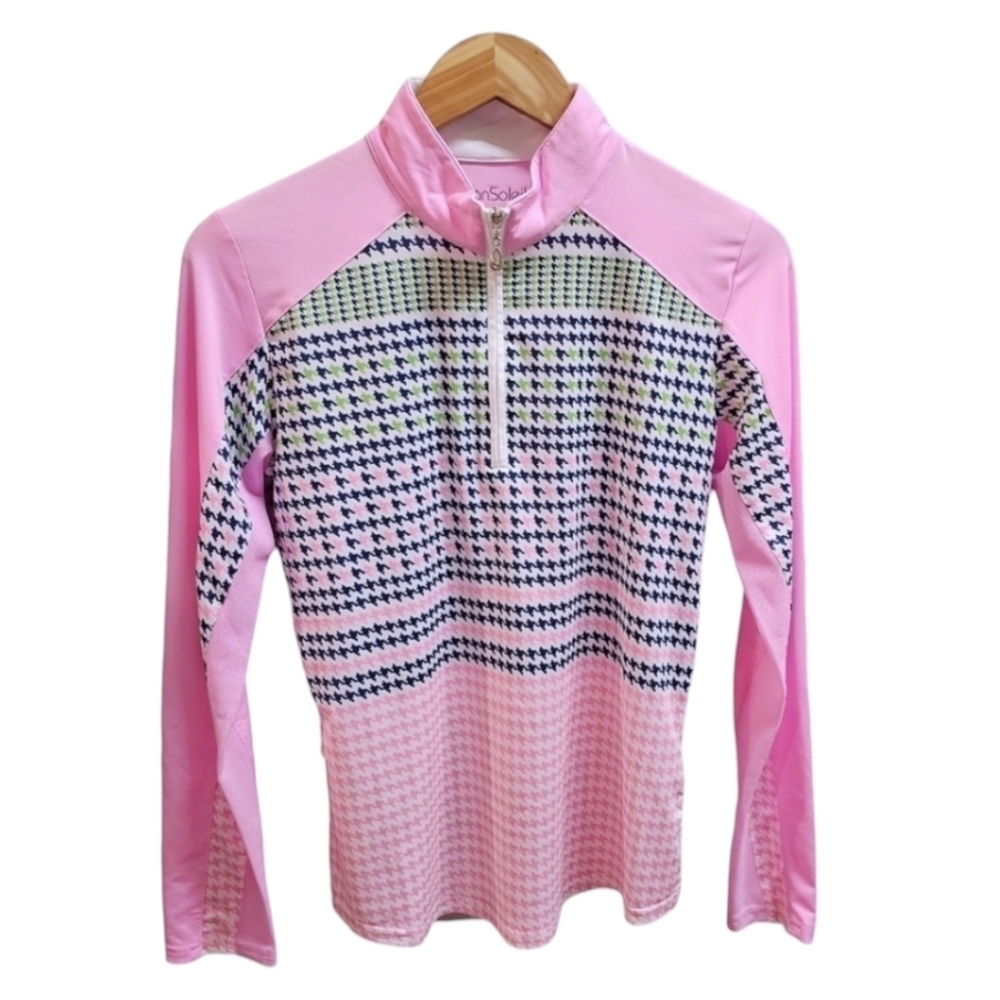 SanSoleil SolCool Draper 1/4 Zip Long Sleeve Houndstooth Top Small Pink Golfing - Picture 3 of 11